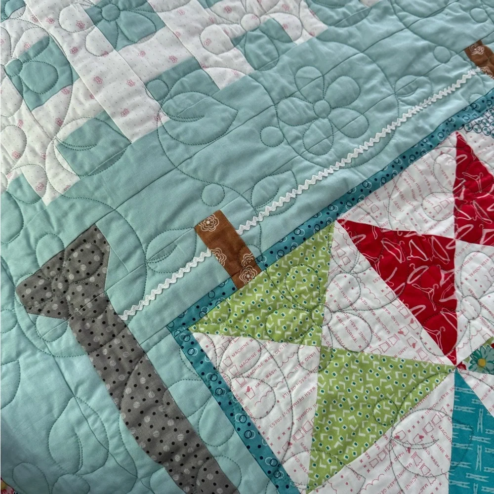 Homemade Aqua Blue Quilted Folk Art Quilt with Geometric Patterns - Picture 2 of 10
